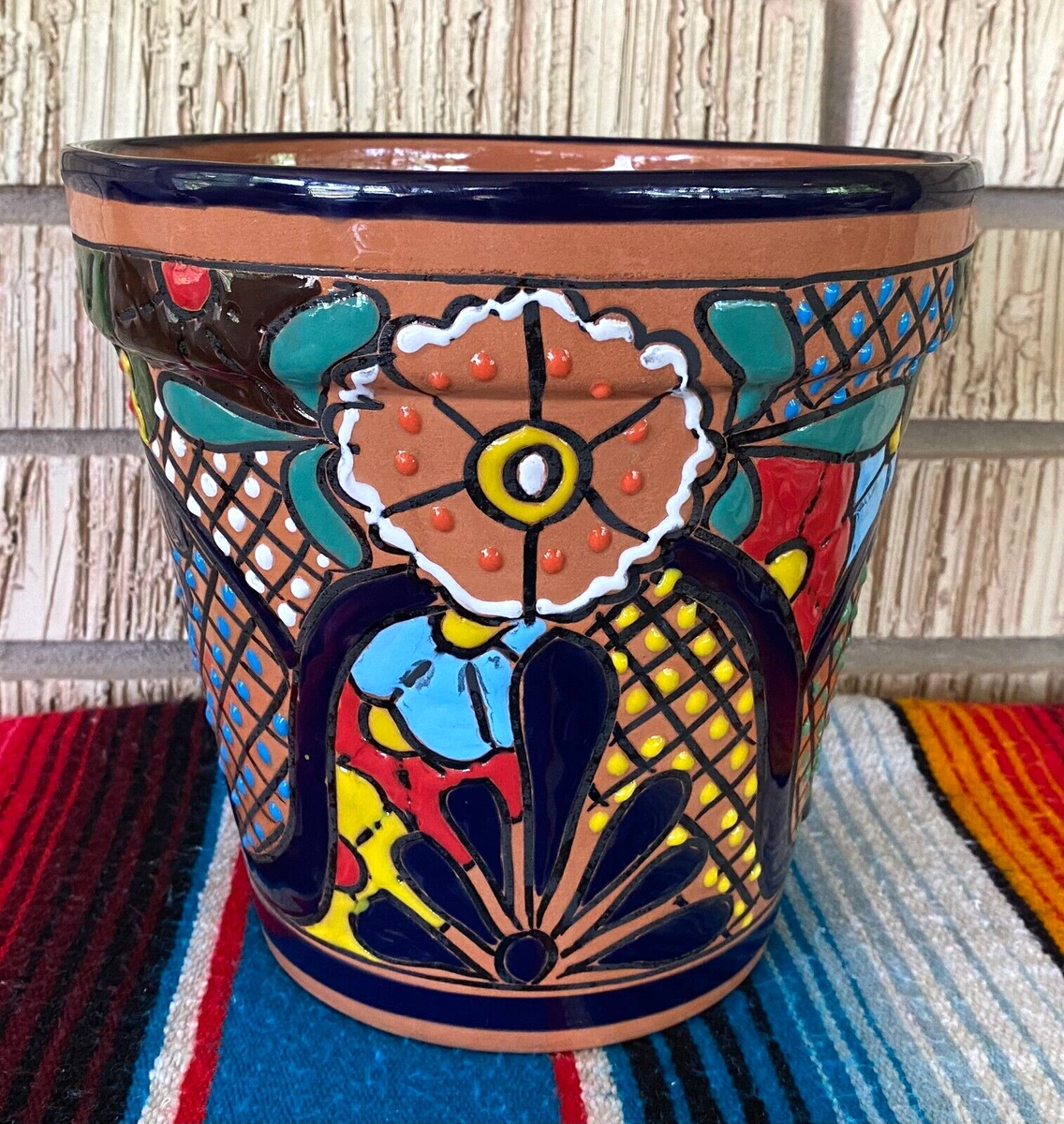Lg MEXICAN TALAVERA Folk Art POTTERY FLOWER POT PLANTER CERAMIC #1