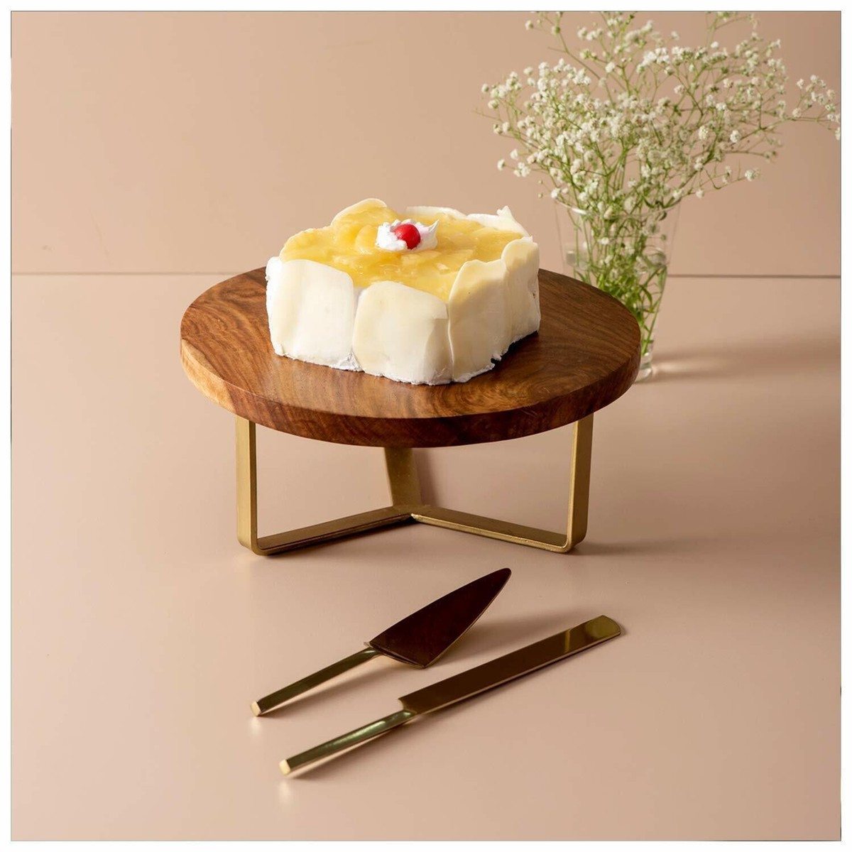 Wooden Cake Stand Dessert Platter Stand with Gold Cake Servers Set