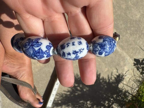 Vintage asiatisches orientalisches Porzellan blau/weiß oval handgeknüpft 24" Perlen Halskette - Bild 9 von 9