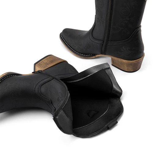 Women Cowboy Booties Low Heel Close Square Toe Western Side Zipper Ankle Boots - Picture 5 of 36