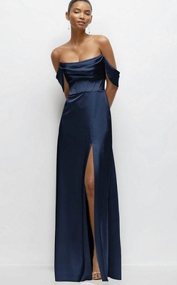 After Six CONVERTIBLE OFF-THE-SHOULDER-STRAPLESS LOOKS Satin Gown,Sz6,navy,New