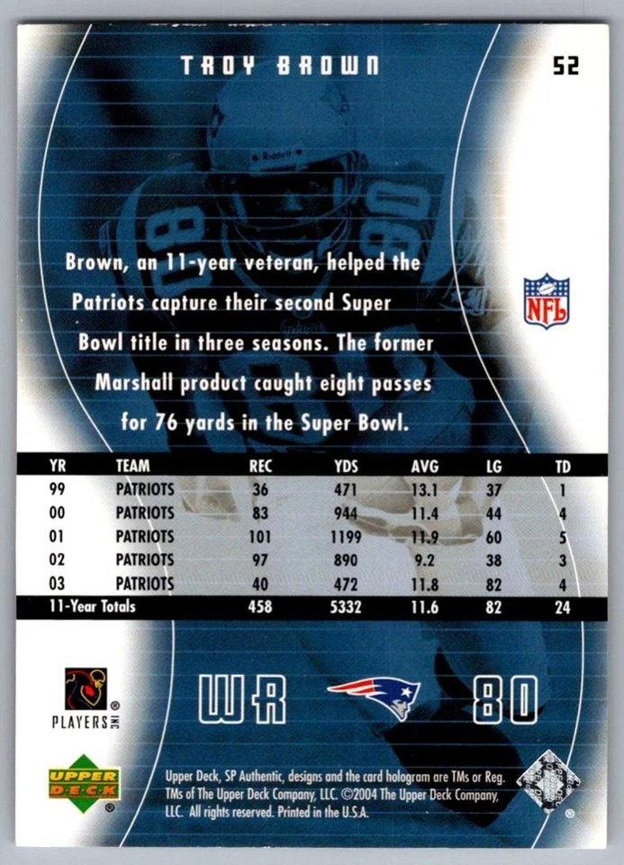 2004 SP Authentic Troy Brown New England Patriots #52 - Image 2 of 2