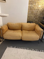 Beige Leather 2-Seater Sofa Silver Metal Frame Mid Century Arms 170cm