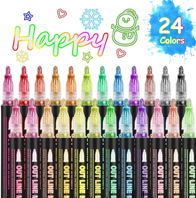 Double Line Outline Markers 24 Colors Super Squiggles Glitter Markers Self Outli
