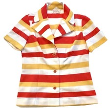 Vtg 60s 70s KAY WINDSOR Yellow Red White Stripe Mod MCM Button Up Top XS S 6