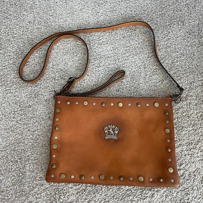 Pratesi Firenze Cognac Leather Studded Leather Crossbody Clutch Wristlet Bag