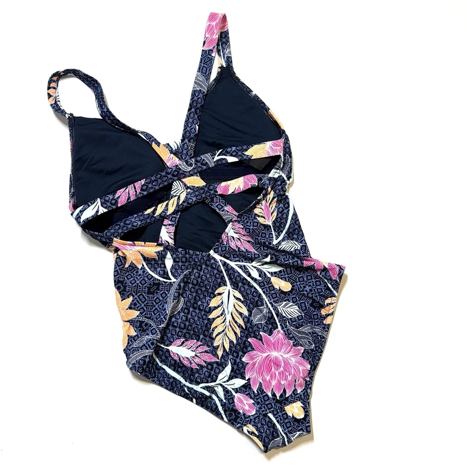 Traje de baño Seafolly Deep-V de una pieza azul y rosa loto floral antro para mujer 8” Foto 4 de 4