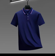 Men's Polo Shirt M Navy Blue Solid Polyester Short Sleeve Collared Button