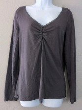 Y2K Rusched Top Lace Trim V-Neck Long Sleeve Med Gray Whimsigoth Fairy Grunge
