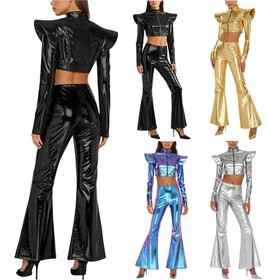 Women Costume 70S Set Corset Outfit Holographic Clubwear Adult Halloween Zip Up