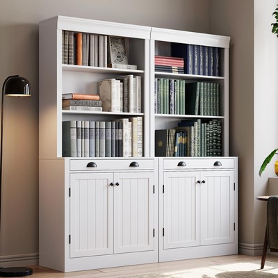 71'' Tall Bookshelf and Bookcase with Drawer, 5-Tier White Bookshelf with Door...