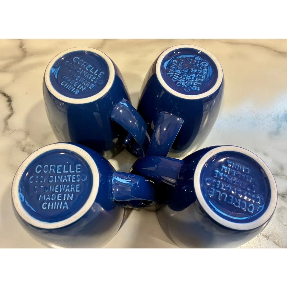 Juego de 4 tazas de café vintage de gres azul real Corelle Coordinates de la década de 1990 de 10 oz Foto 4 de 4