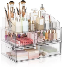 Clear Stackable Makeup Organizer with Drawer, 12''W Acrylic Storage Drawers, Cos