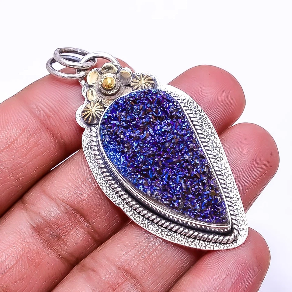 Colgante de plata de ley 925 de dos tonos oxidado druso ágata titanio azul 2,15" P5 Foto 4 de 4