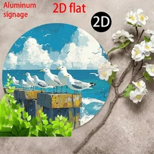 Seagull Art Round Metal Aluminum Sign Beach Decoration Coastal Landscape