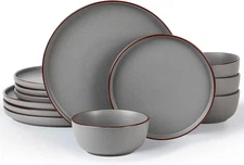 Famiware Mercury Plates and Bowls Sets, 12 Pieces Stoneware Dinnerware Sets, 