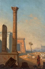 Antique Original Painting Orientalist, Egypt, People, Landscape 19th century