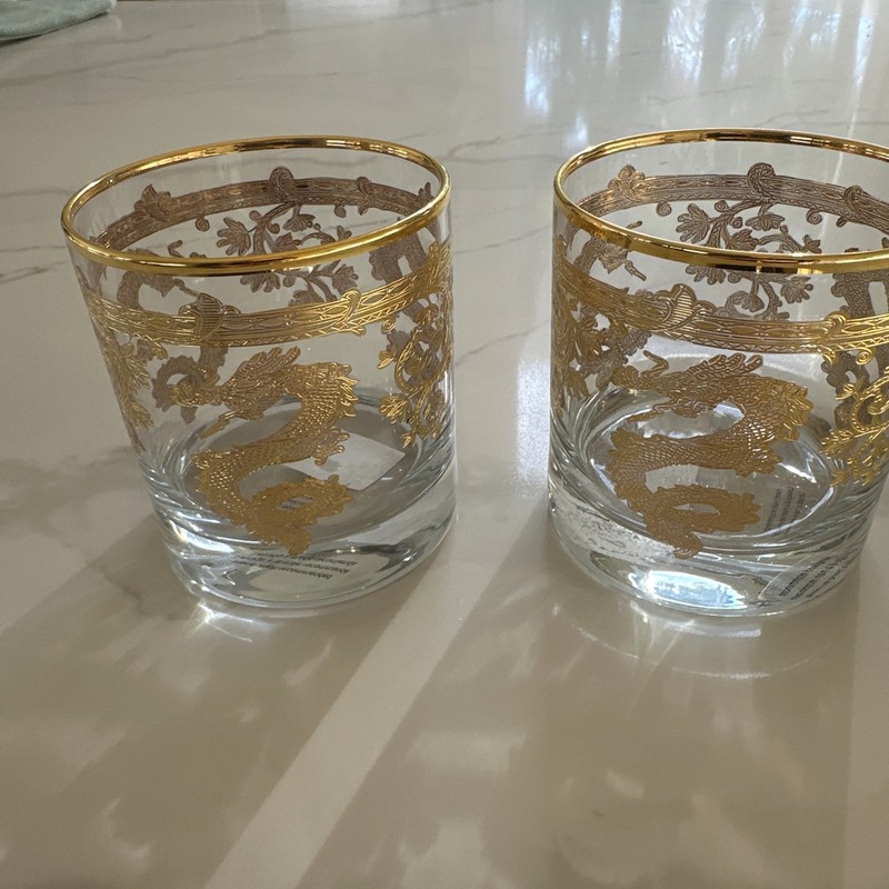 Set 4 Williams Sonoma Lunar New Year Gold Dragon Double Old Fashioned Glasses