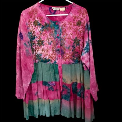 Vtg Venezia Plus Size 18 Boho Embroidered Tie Dye Tiered Top Beaded Hippie Artsy