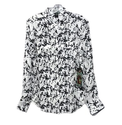 2OH Silk Button Down Shirt Tie Dye Black White Boho Hippie Small NWT