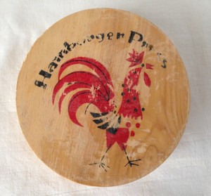 Vintage Wood Hamburger Press Hand Painted Rooster Japan - Label