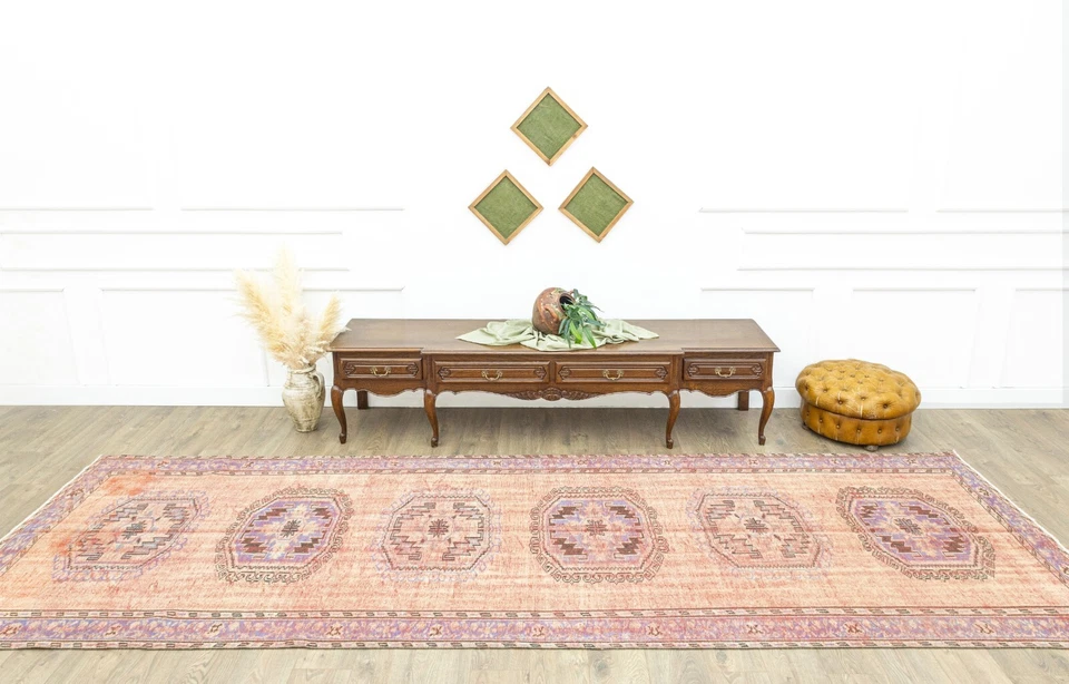 Distressed Turkish Runner 4.9x14.3 ft – Peach Coral & Lilac – Long Hallway Rug - Image 3 of 4