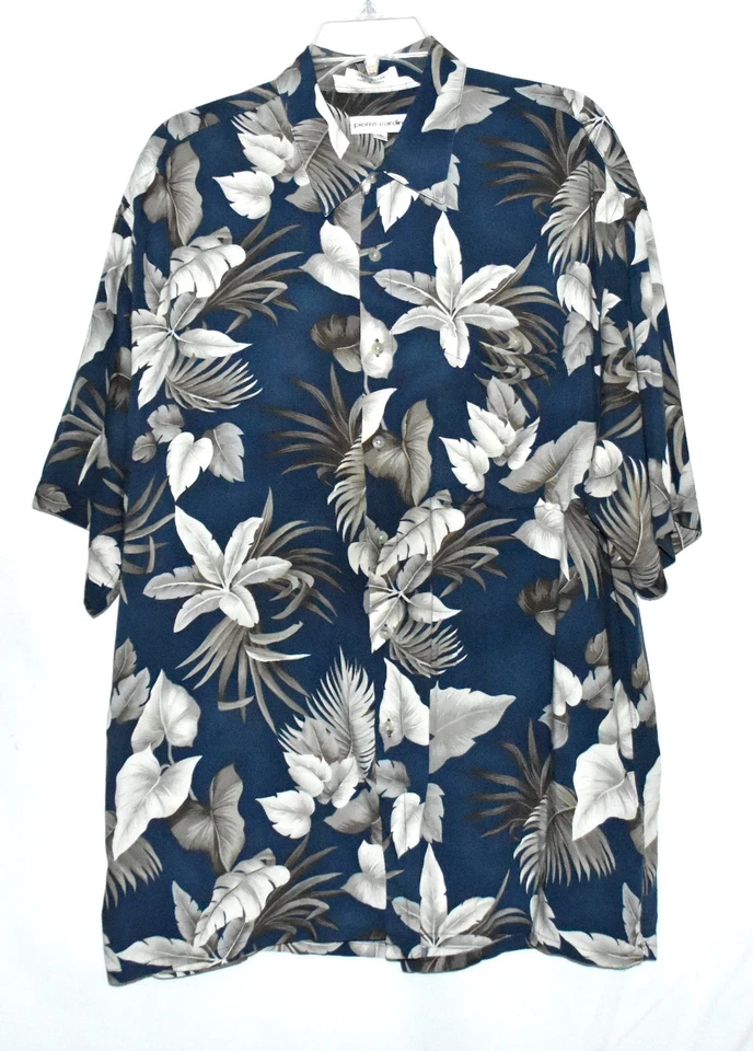 Pierre Cardin Hawaiian Aloha Navy Gray Cream Floral Mens Shirt Size XL Korea - Image 2 of 4