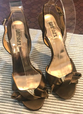BADGLEY MISCHKA BROWN SATIN RHINESTONE ACCENT HIGH HEEL SLINGBACKS 7M
