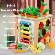 6-in-1 Activity Cube，Wooden Activity Cube for Toddlers, Educational Learning