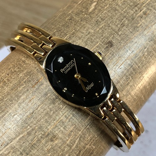 Armitron Now Women 75/2638G Diamond Black Dial Gold Tone Quartz Watch 6 3/4"