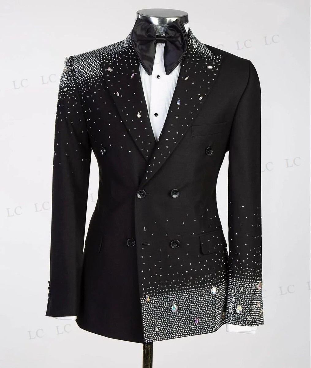 Crystals Men Diamonds Jackets Blazer One Button Silver