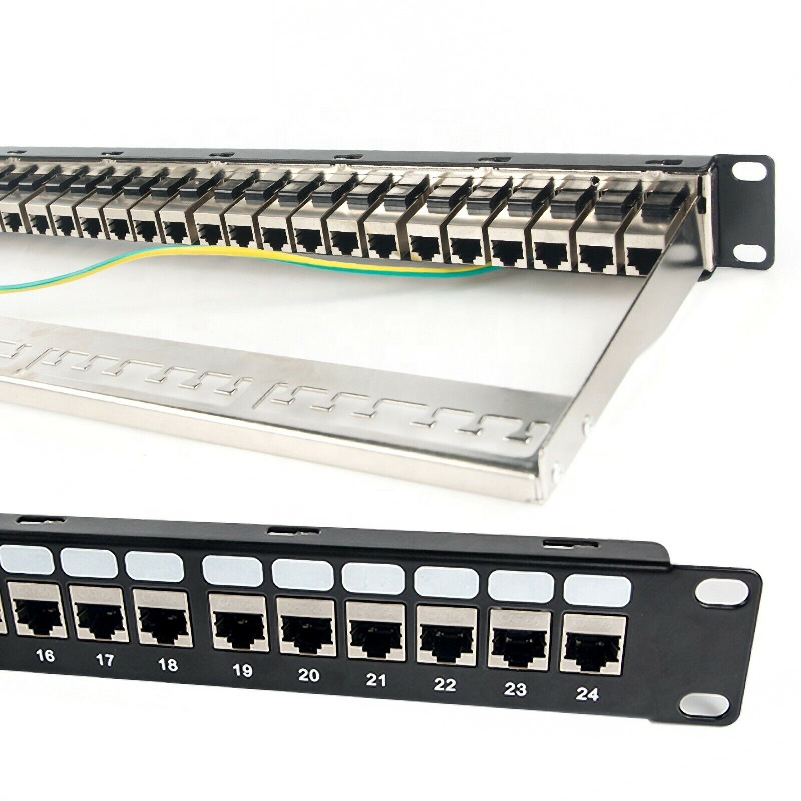 Patch Panel 24 Port Cat6A with Inline Keystone 10G Support, Coupler Patch  Panel STP Shielded 19-Inch with Removable Back Bar, 1U Network Patch Panel