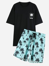 Men's 2 Piece Outfits Tropical Print Short Sleeve Hawaiian Shirt and Shorts Set