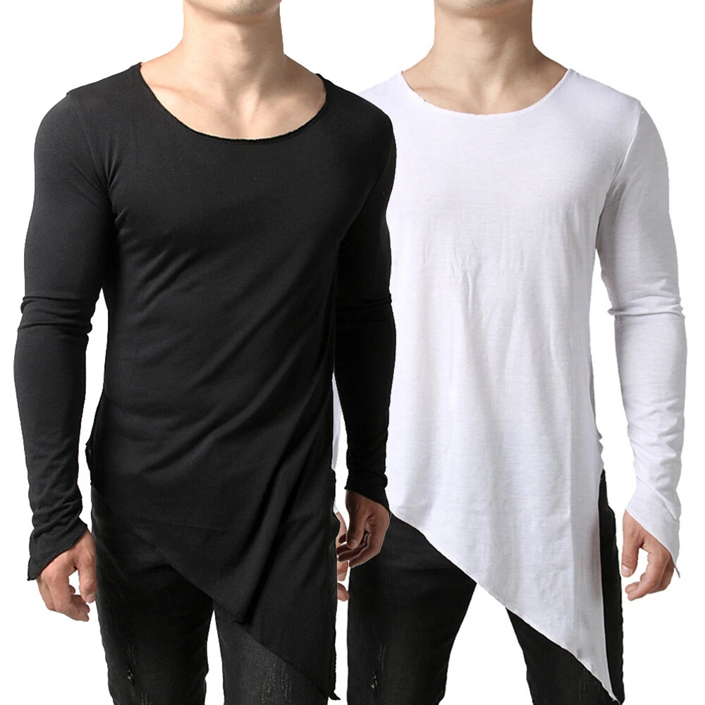 Mens Asymmetric Slit Hem Longline T-shirt Top Tee Shirt Pullover Round Neck  Slim