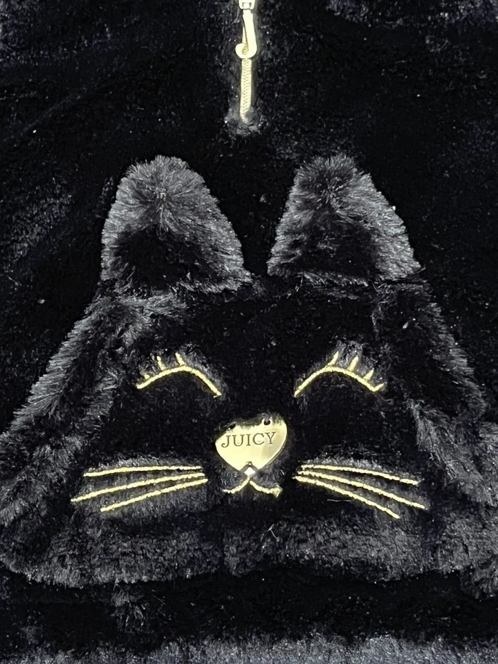 Juicy Couture Hoodie Girls Black Pullover Black Cat 1/4 Zip Faux Fur Fleece 12m - Image 2 of 4