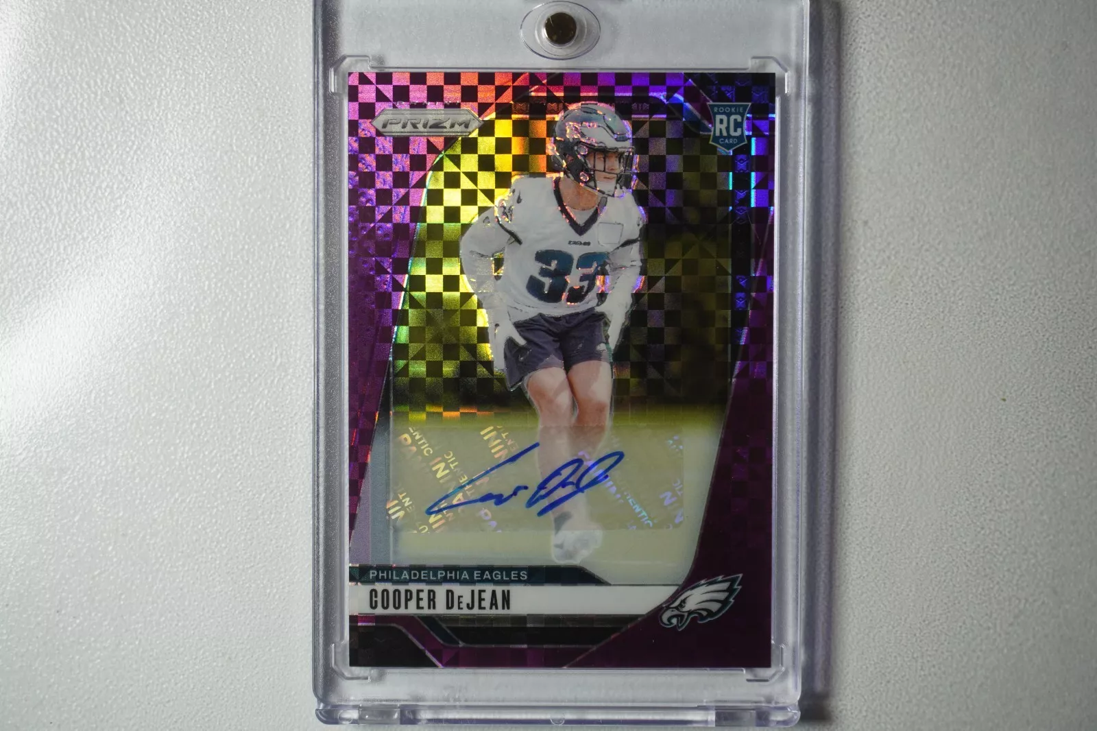 Number Match 2024 Panini Prizm Cooper DeJean Purple Checkerboard Auto /49 Eagles
