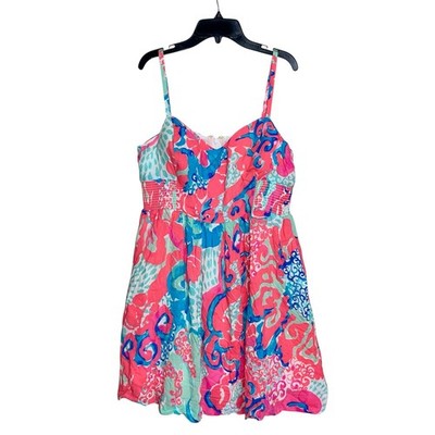 Lilly Pulitzer Mini Dress 10 Christine Coral Reef So Jelly Smocked Padded Bust