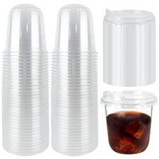 100 Pcs 12 Oz Clear Plastic Cups with Strawless Sip Lids Disposable Round Bot...