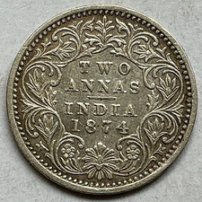 India British 1874  2 Annas Victoria Silver Coin. KM #469