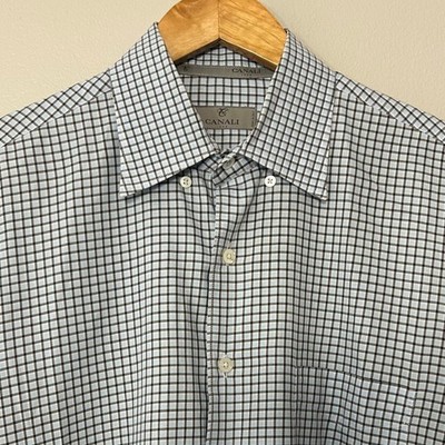 Canali Dress Shirt Men XL Light Blue Brown Check Plaid Long Sleeve Cotton Italy
