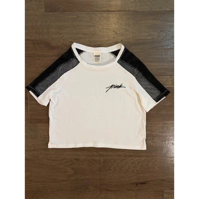 PINK Victoria's Secret White Crop Top Black Mesh Raglan Sleeve XS Script Logo - Image 1 of 4