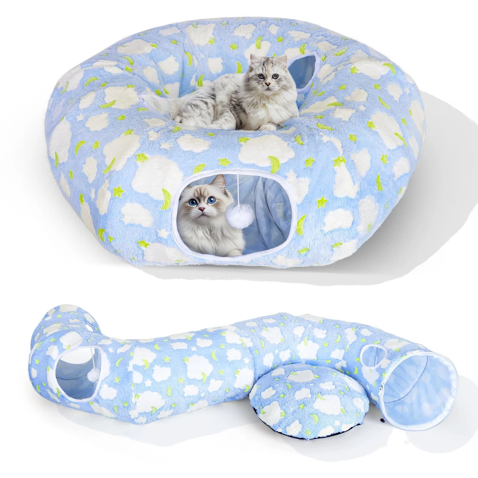 Cat Tunnel Bed, Foldable Cat Donut Tunnel with Removable Cushion, Toy Ball & ...