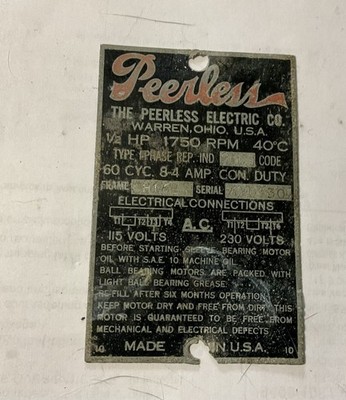 Vintage PEERLESS ELECTRIC MOTOR CO Metal ID Name Tag Emblem Advertising Sign