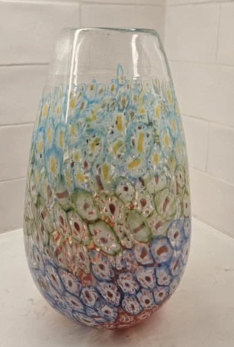 Souffle A La Bouche Glass Vase Millefiori Art Hand Blown Floral Design 11”