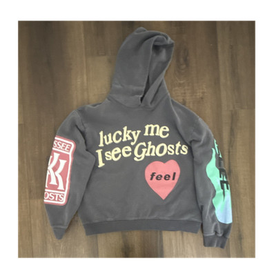 KIDSSSEE Lucky Me I See Ghosts Men's Gray Pullover Hoodie Size M