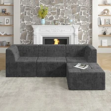 L-Shape Modular Sectional Sofa w/ Sleeper, Minimalist Grey Corduroy Couch