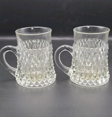 Indiana Glass Diamond Point Handled Coffee Mug Clear Cup Beer Set of 2