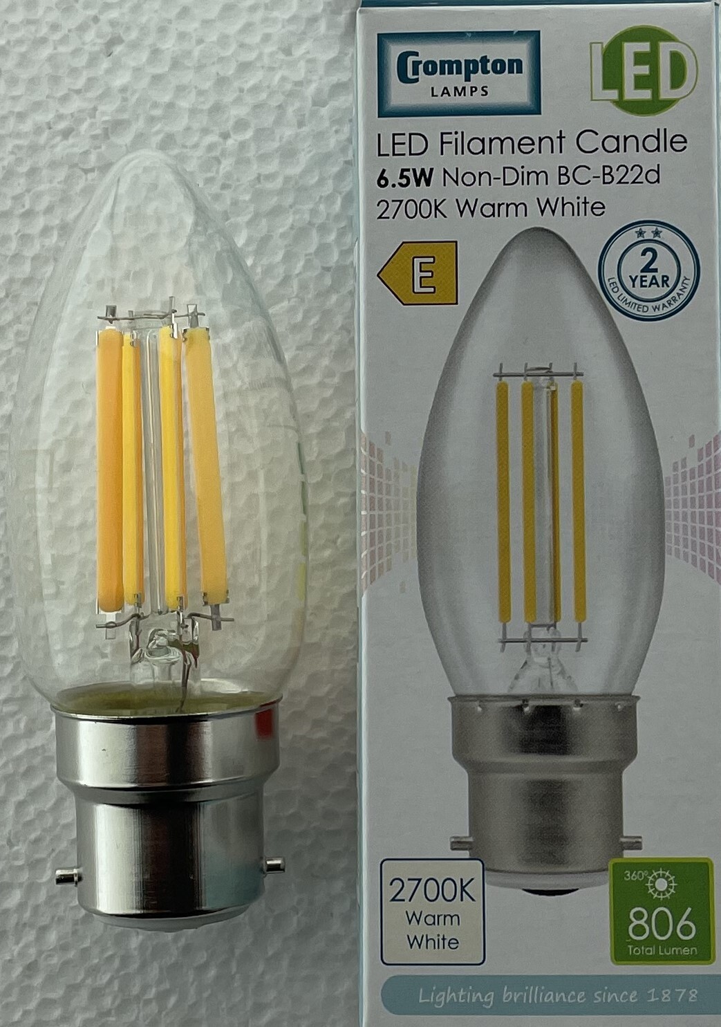 Crompton LED Candle 6.5W Filament Clear = 60 Watt 2700K  BC B22  non dim 12769