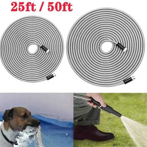 304 Stainless Steel Metal Garden Water Hose 25FT / 50FT Flexible Patio Nozzle - Picture 1 of 14
