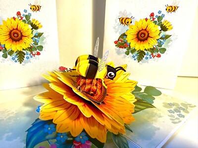 ORIGAMI POP CARDS Bumble Bee Sunflower Flower Happy Birthday Handmade 3D Pop Up